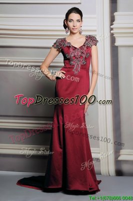 V-neck Short Sleeves Prom Evening Gown Court Train Appliques Burgundy Satin