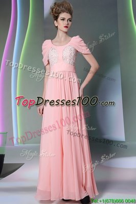 Baby Pink Chiffon Side Zipper Scoop Cap Sleeves Floor Length Homecoming Dress Beading