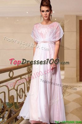 Custom Made Scoop Ankle Length Column/Sheath Cap Sleeves Pink Evening Dress Side Zipper