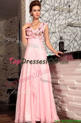 Fine Sleeveless Satin Floor Length Zipper Prom Dresses in Baby Pink for with Appliques