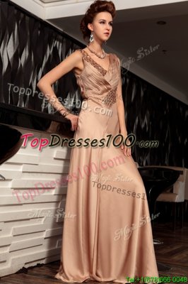 Gorgeous Brown Backless V-neck Beading and Ruching Homecoming Dress Satin Sleeveless