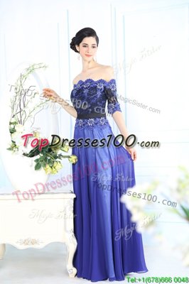 Column/Sheath Prom Dress Blue Scalloped Chiffon Half Sleeves Floor Length Zipper