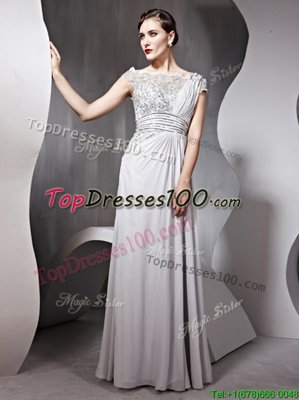 Glamorous Bateau Cap Sleeves Evening Dress Floor Length Appliques and Ruching Silver Chiffon