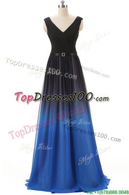 Blue And Black V-neck Neckline Beading Prom Gown Sleeveless Lace Up