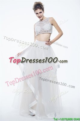 Scoop White Sleeveless Floor Length Beading and Lace Zipper Evening Dresses