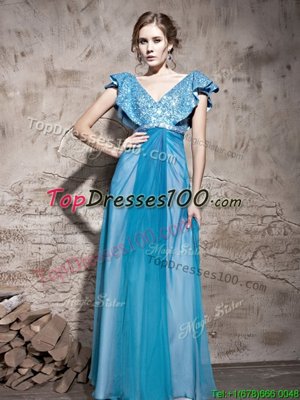 Floor Length Zipper Homecoming Dress Teal and In for Prom and Party with Sequins