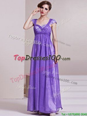 Edgy Chiffon Square Cap Sleeves Side Zipper Sequins and Ruching in Lavender