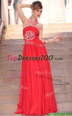 Halter Top Coral Red A-line Embroidery Side Zipper Chiffon Sleeveless Floor Length