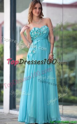 Aqua Blue Sleeveless Beading and Hand Made Flower Floor Length