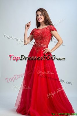 Romantic Floor Length Red Prom Party Dress Tulle Cap Sleeves Lace
