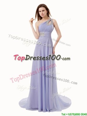 Perfect One Shoulder Sleeveless Brush Train Beading Zipper Prom Dresses