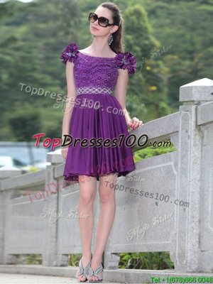 Purple Scoop Neckline Beading and Hand Made Flower Teens Party Dress Sleeveless Zipper
