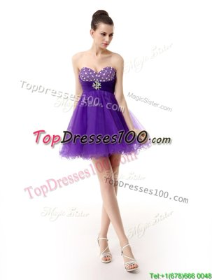 Amazing Purple Zipper Juniors Party Dress Beading Sleeveless Knee Length