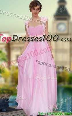 Sleeveless Floor Length Belt and Hand Made Flower Zipper Prom Dresses with Rose Pink