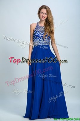 Scoop Royal Blue Empire Beading Prom Dress Criss Cross Chiffon Sleeveless Floor Length
