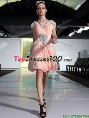 Dazzling Sleeveless Knee Length Beading Zipper Custom Made with Peach