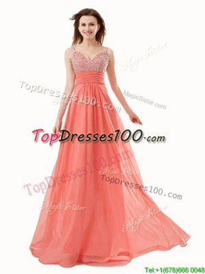 Elegant Sleeveless Floor Length Beading Side Zipper Prom Gown with Watermelon Red