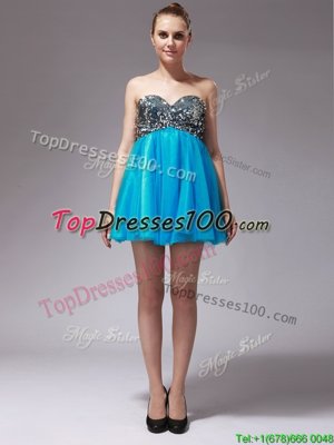 Beading Casual Dresses Aqua Blue Zipper Sleeveless Mini Length