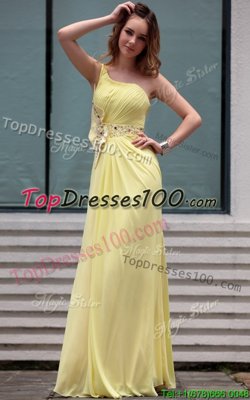 Wonderful Light Yellow Chiffon Side Zipper One Shoulder Sleeveless Floor Length Beading