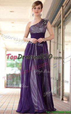 One Shoulder Purple Sleeveless Chiffon Side Zipper Homecoming Dress for Prom and Party