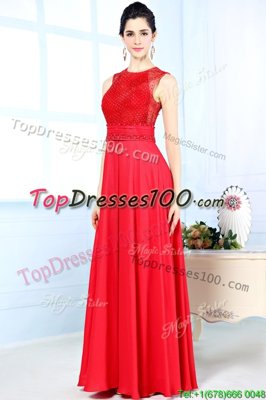 Floor Length Red Prom Evening Gown Scoop Sleeveless Zipper
