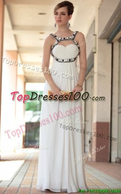 Modest White Side Zipper Straps Beading and Ruching Prom Dress Chiffon Sleeveless