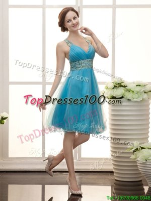 Aqua Blue Ball Gowns Beading Club Wear Zipper Tulle Sleeveless Knee Length