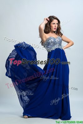 Sweetheart Sleeveless Brush Train Zipper Prom Dress Royal Blue Chiffon