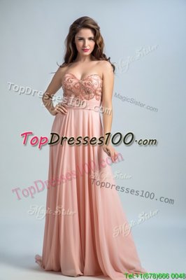 Fantastic Baby Pink Sleeveless Brush Train Beading With Train Prom Dresses