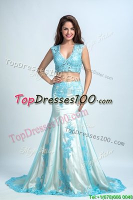 Mermaid Blue And White V-neck Zipper Beading and Pattern Prom Gown Brush Train Sleeveless
