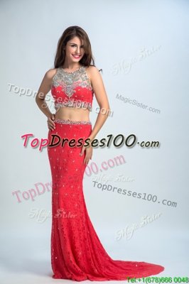 Mermaid Scoop Coral Red Chiffon Zipper Prom Evening Gown Sleeveless With Brush Train Beading