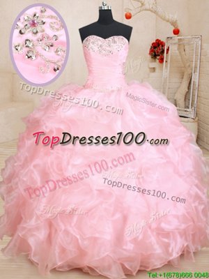 Sexy Baby Pink Lace Up Sweetheart Beading and Ruffles Quinceanera Dress Organza Sleeveless