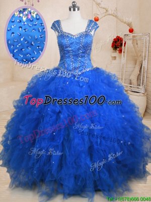 Ruffled Floor Length Ball Gowns Sleeveless Quinceanera Gowns Lace Up