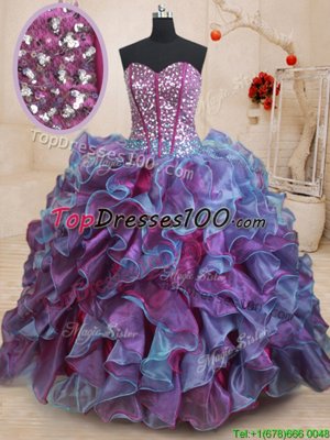 Fancy Multi-color Ball Gowns Beading and Ruffles 15th Birthday Dress Lace Up Tulle Sleeveless Floor Length