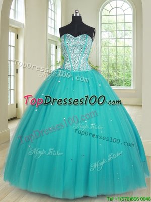 Chic Beading 15th Birthday Dress Aqua Blue Lace Up Sleeveless Floor Length