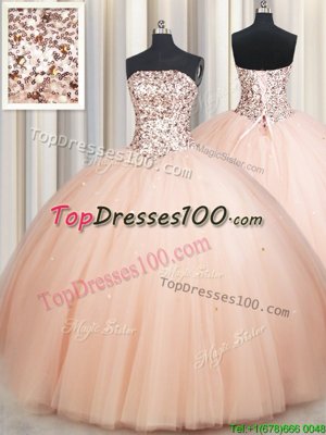 Peach Lace Up Strapless Beading Quinceanera Dress Tulle Sleeveless