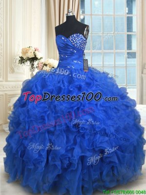 Hot Pink Ball Gowns Sweetheart Sleeveless Organza Floor Length Lace Up Beading and Ruffles Vestidos de Quinceanera