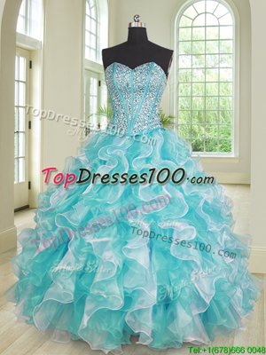 Sleeveless Organza Floor Length Lace Up Ball Gown Prom Dress in Blue And White for with Beading and Ruffles