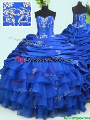 Sleeveless Organza and Taffeta With Train Court Train Lace Up Quinceanera Gowns in Royal Blue for with Beading and Ruffled Layers and Pick Ups