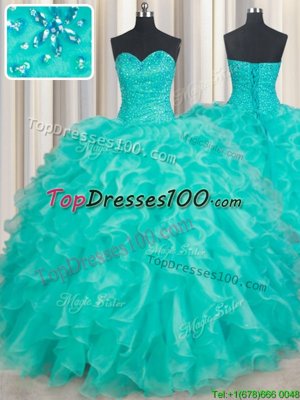 Artistic Turquoise Ball Gowns Sweetheart Sleeveless Organza Floor Length Lace Up Beading and Ruffles Quinceanera Gowns