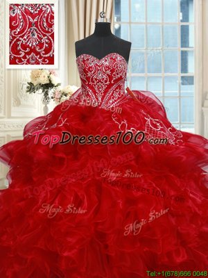 Red Ball Gowns Sweetheart Sleeveless Organza Floor Length Lace Up Beading and Ruffles Quince Ball Gowns