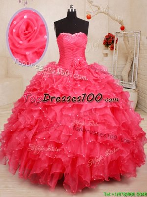 Fancy Organza Sleeveless Floor Length 15 Quinceanera Dress and Beading and Ruffles and Sequins and Hand Made Flower