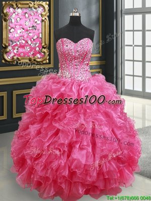 Stunning Sequins Ball Gowns Quinceanera Dress Hot Pink Sweetheart Organza Sleeveless Floor Length Lace Up