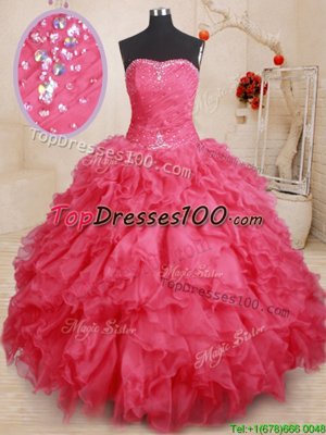 Floor Length Coral Red 15th Birthday Dress Organza Sleeveless Beading and Ruffles
