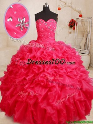 High Quality Coral Red Organza Lace Up Sweetheart Sleeveless Floor Length 15 Quinceanera Dress Beading and Ruffles