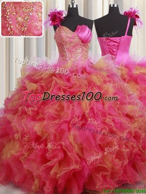 Amazing One Shoulder Multi-color Organza and Tulle Lace Up 15th Birthday Dress Sleeveless Floor Length Beading and Ruffles and Hand Made Flower
