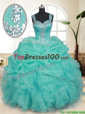 Turquoise Ball Gowns Organza Straps Sleeveless Beading and Ruffles and Pick Ups Floor Length Zipper 15 Quinceanera Dress