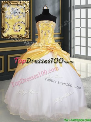 Charming Yellow And White Ball Gowns Strapless Sleeveless Organza and Taffeta Floor Length Lace Up Beading and Pick Ups and Hand Made Flower Ball Gown Prom Dress