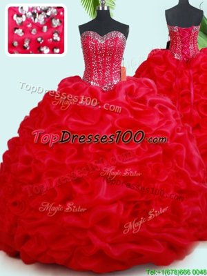 Stylish Sweetheart Sleeveless 15th Birthday Dress Court Train Beading and Pick Ups Red Organza