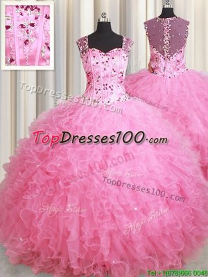 Modest Straps Straps Floor Length Ball Gowns Sleeveless Rose Pink 15 Quinceanera Dress Zipper